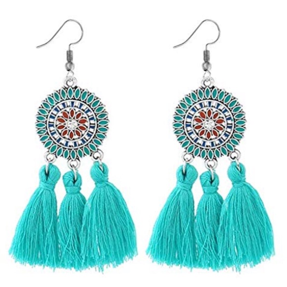 Jewelry - Turquoise Bohemian Tassel Statement Earrings